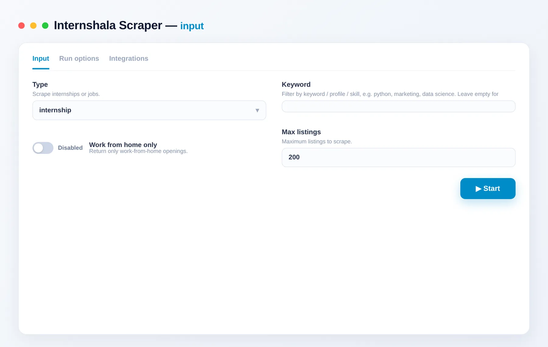 Internshala Scraper input โ type, keyword and max listings in the Apify Console