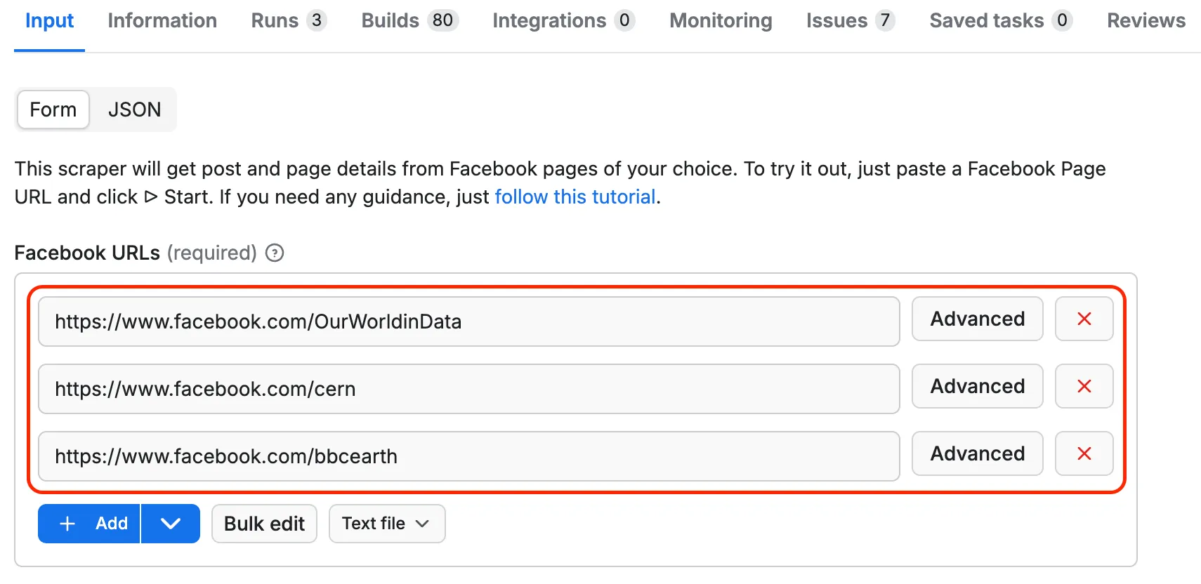 Facebook posts scraping input
