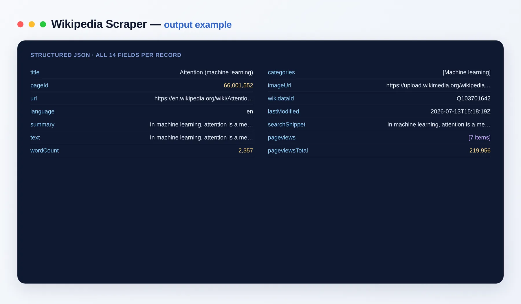 Wikipedia Scraper output example — article text, summary, categories and pageviews as structured JSON