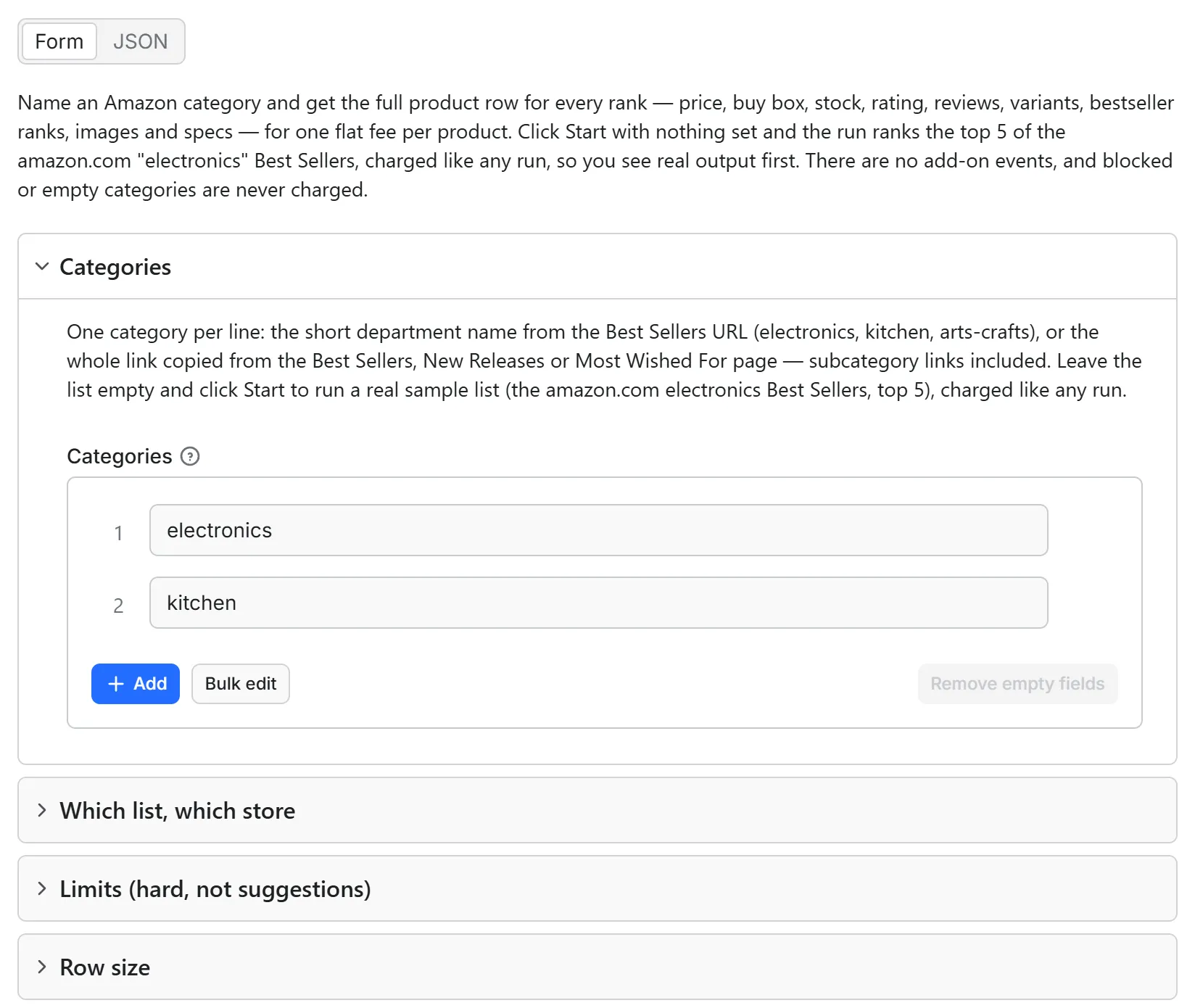 Amazon Bestsellers Scraper input form in the Apify console: the Categories list prefilled with electronics and kitchen, above the which-list, limits and row-size sections