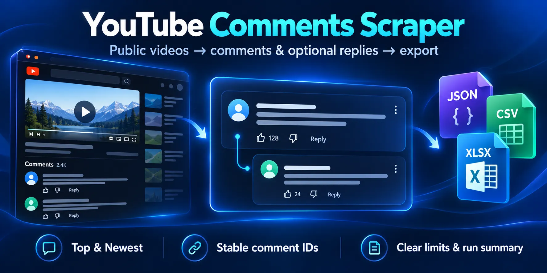 YouTube Comments Scraper: public comments, optional replies, IDs and export