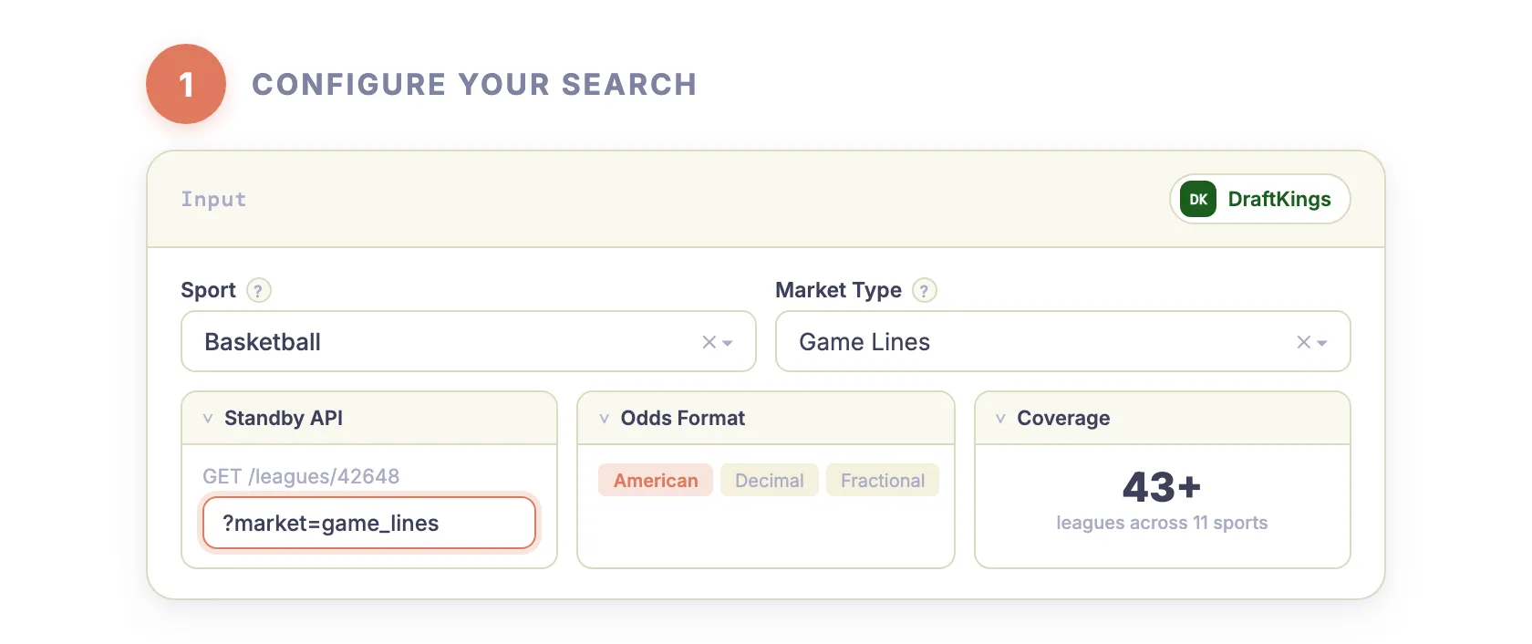 DraftKings odds API — configure sport and market type