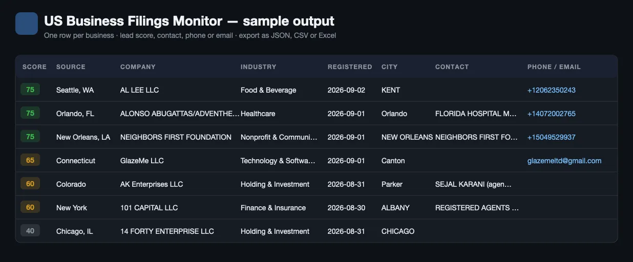 New business filings dataset preview: state, company, type, industry, filed date, city, contact