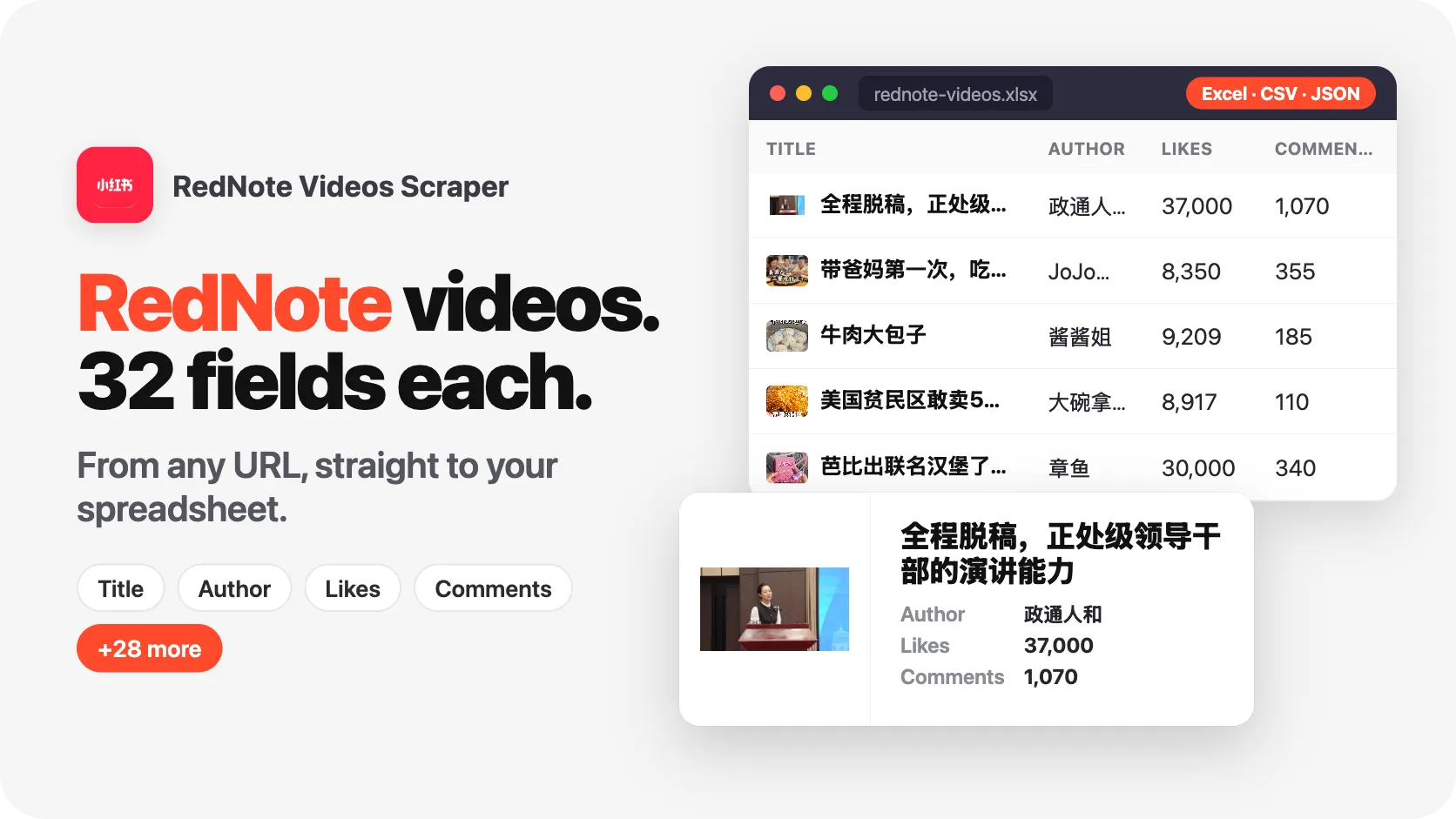 12 URLs. 12 RedNote videos. 32 fields per video.