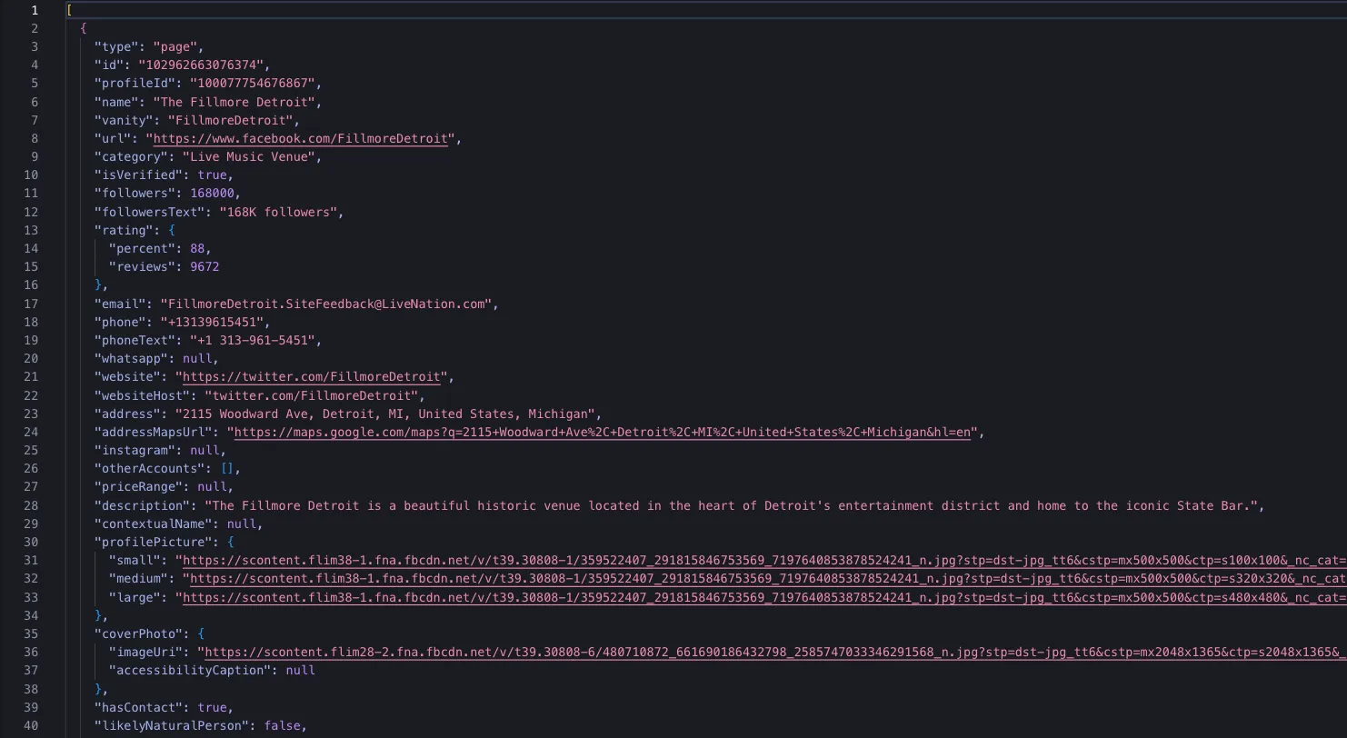 One Page row as JSON with every field