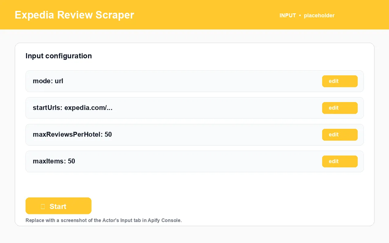 Expedia Review Scraper input configuration panel