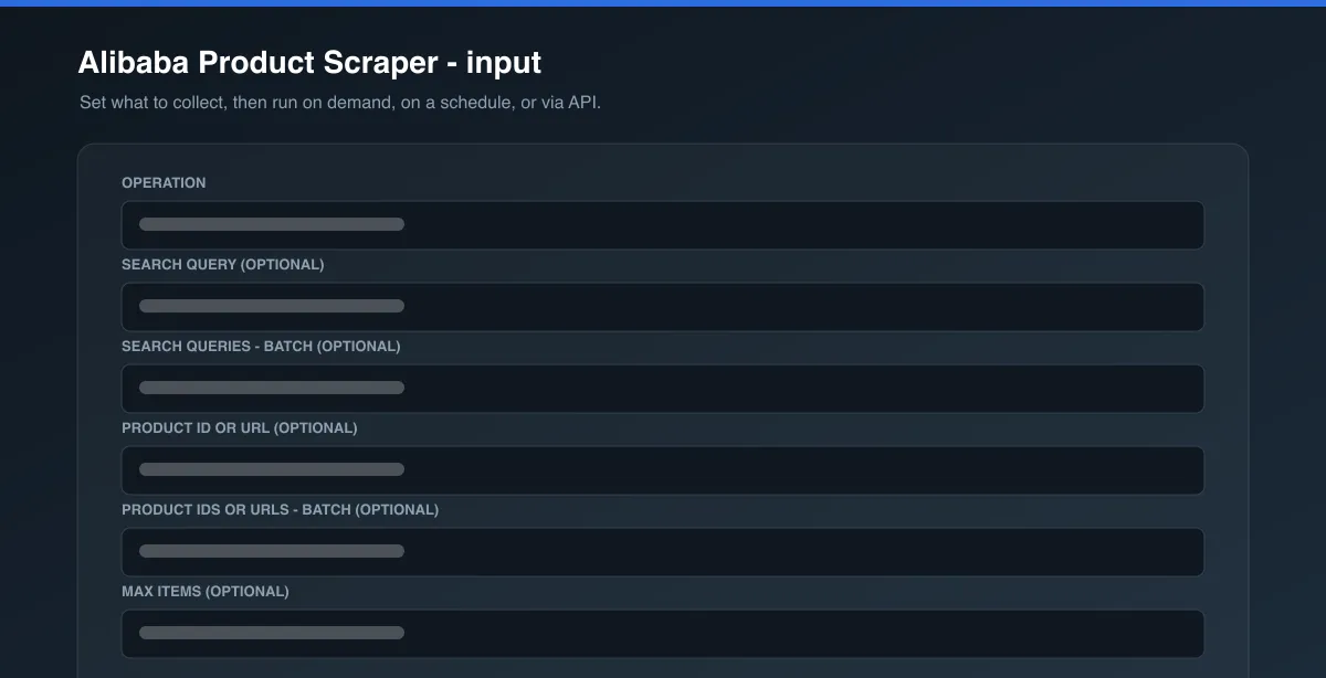 Alibaba Product Scraper input options