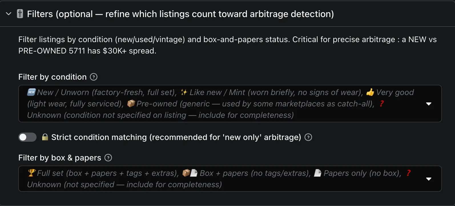 Filter listings by condition and box-and-papers status