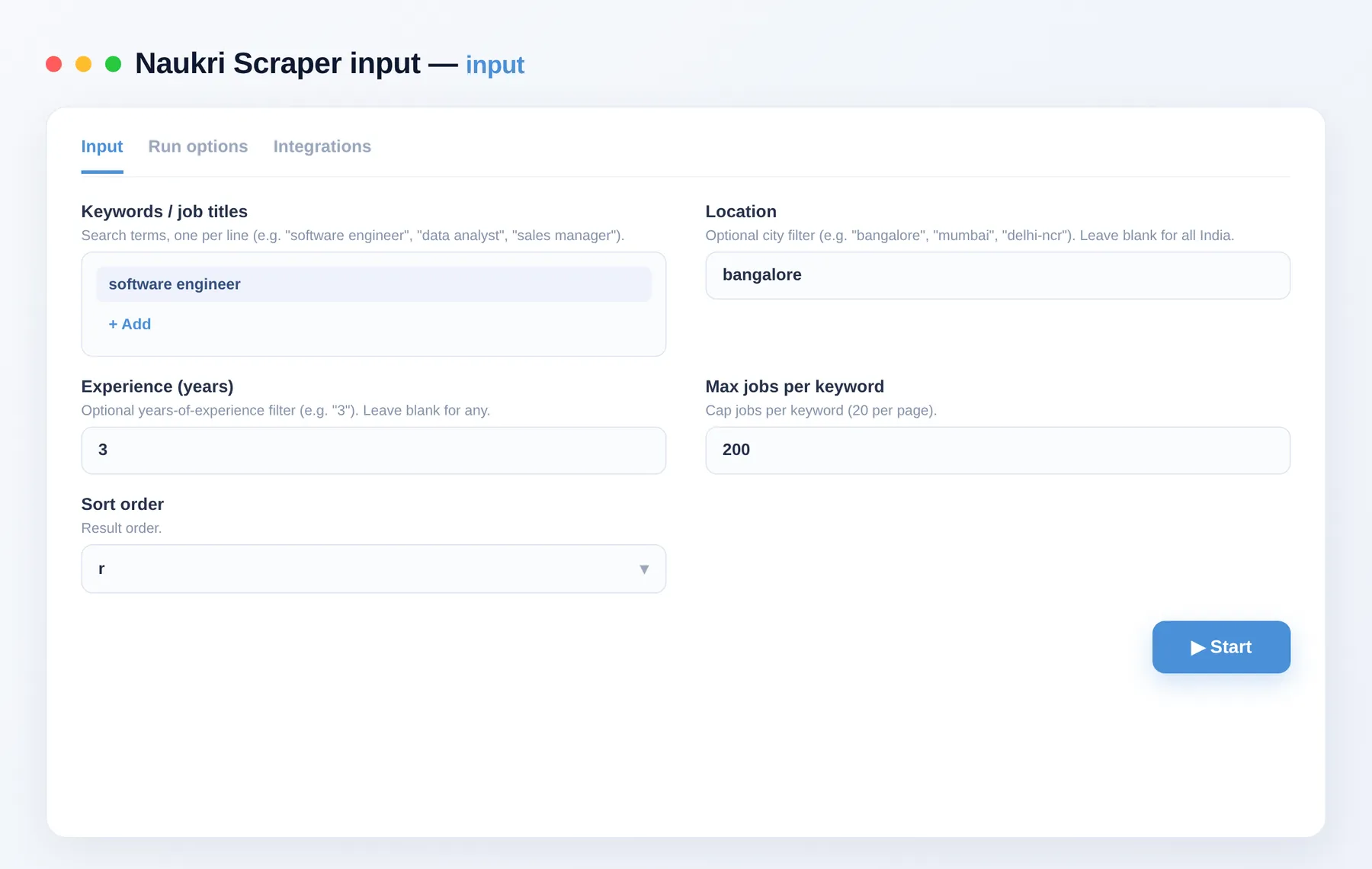 Naukri Scraper input — keywords, location and experience in the Apify Console