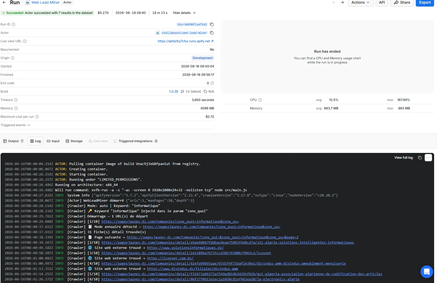 WebLeadMiner real run logs — directory mode with PagesJaunes-DZ