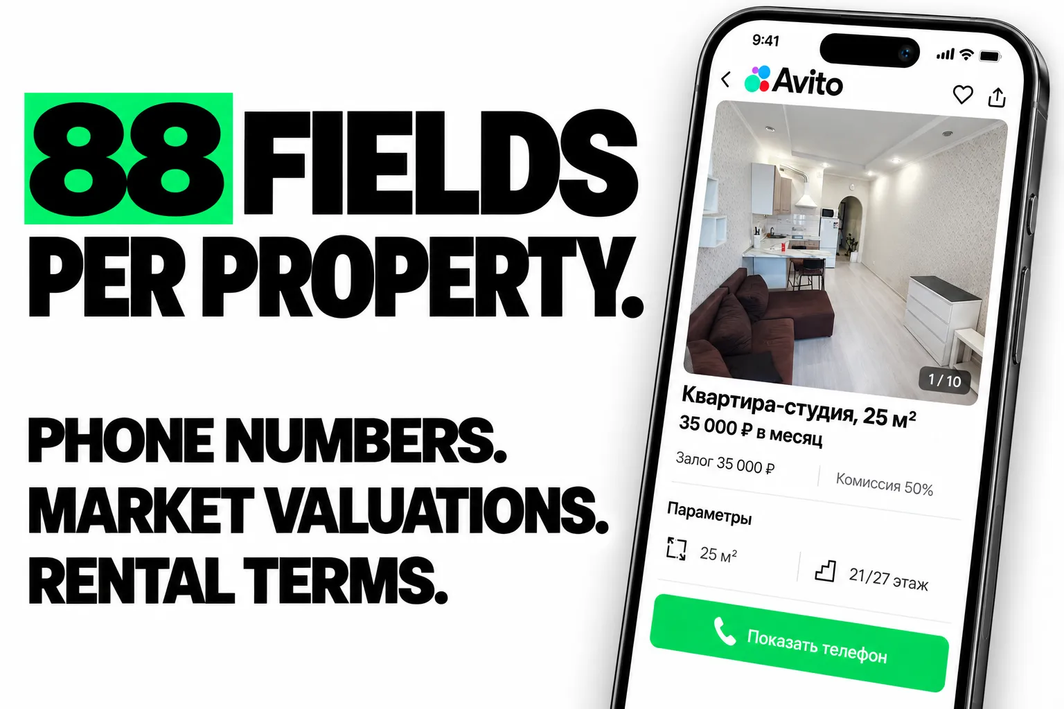 88 fields per property. Phone numbers. Market valuations. Rental terms. Avito Real Estate.