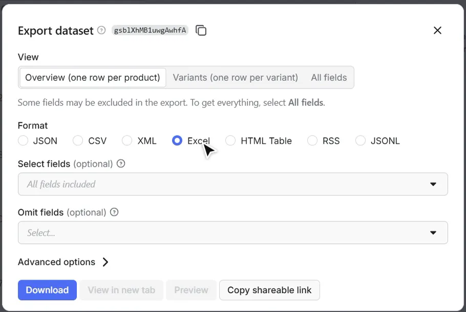 Export dialog with the Overview view and Excel selected