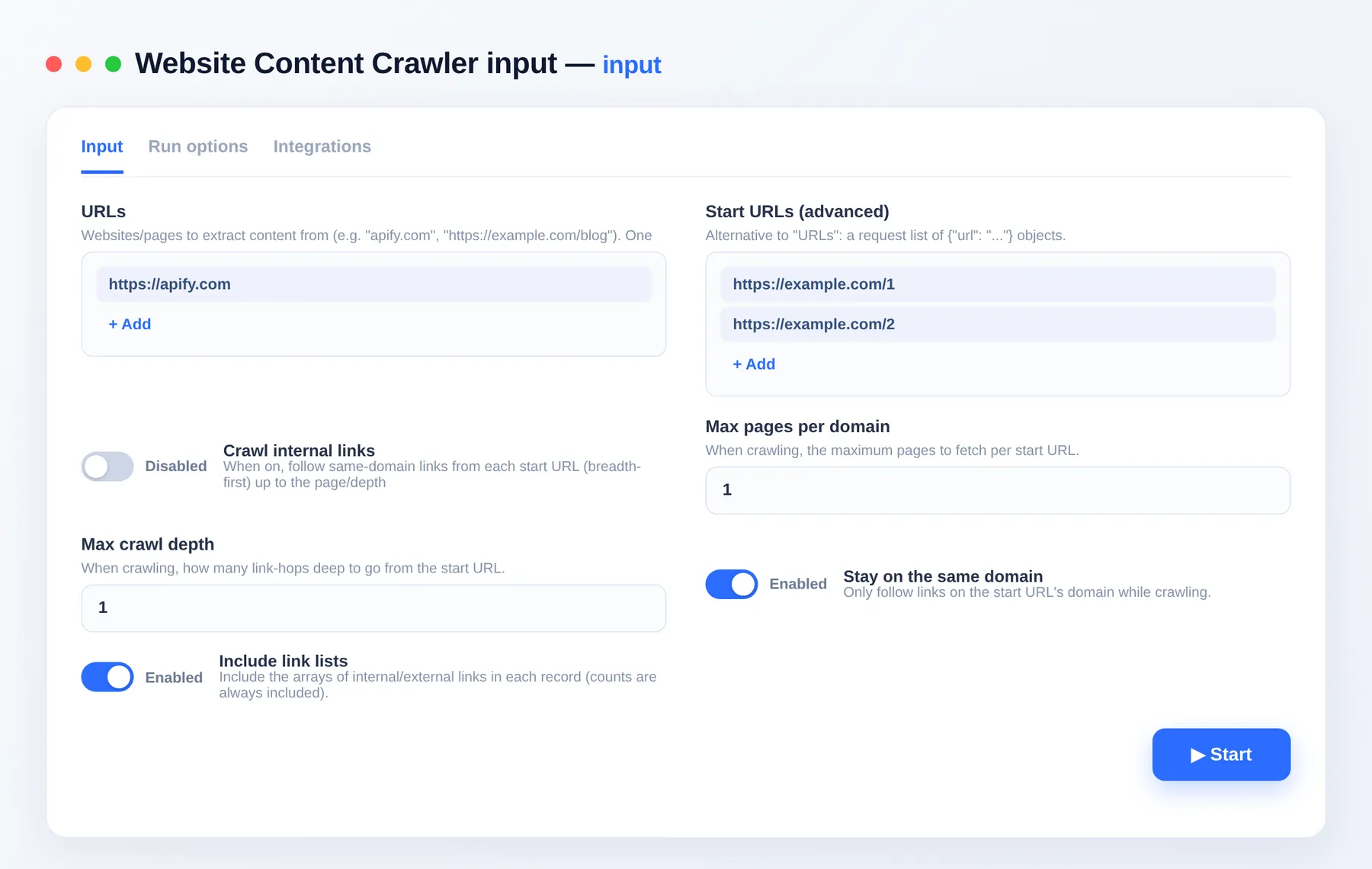Website Content Crawler input — start URLs, crawl toggle and page limits in the Apify Console