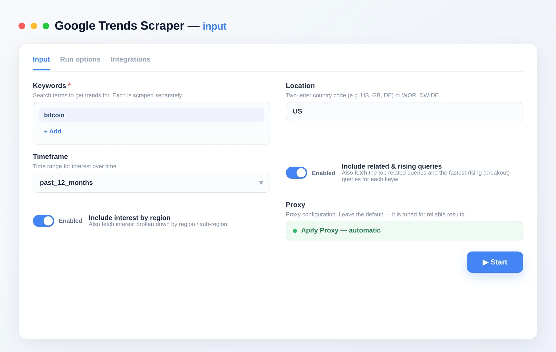 Google Trends Scraper input — keywords, geo and timeframe in the Apify Console