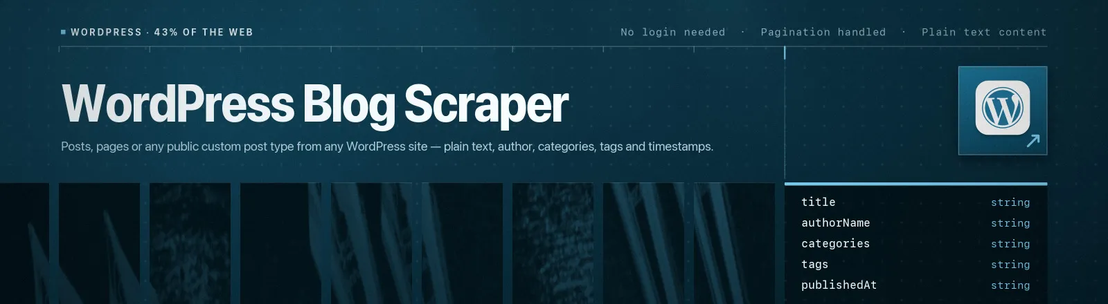 WordPress Blog Scraper: Posts, pages or any public custom post type from any WordPress site, plain text, author, categories, tags and timestamps