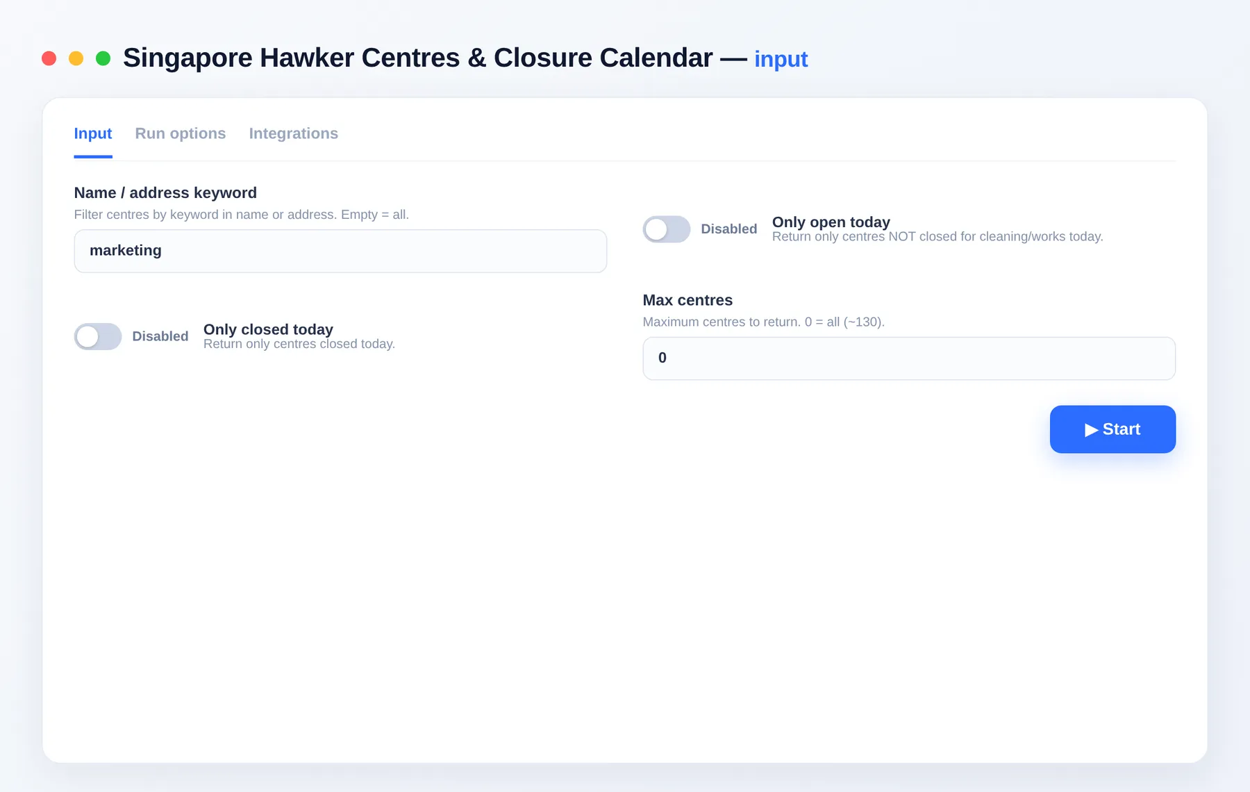 Singapore Hawker Centres Scraper input — keyword and open/closed-today filters in the Apify Console