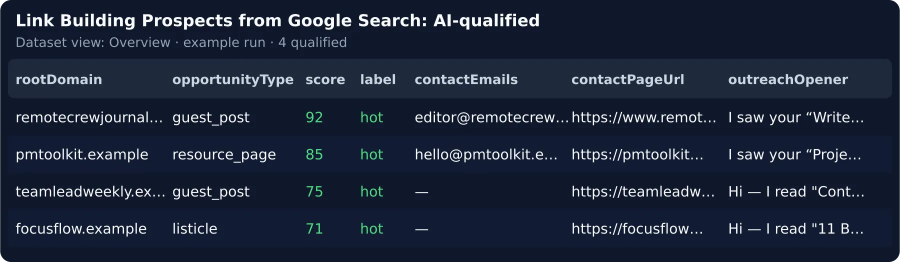 One row per qualified link building prospect — site, opportunity type, fit score, e-mail, contact page and the outreach opener