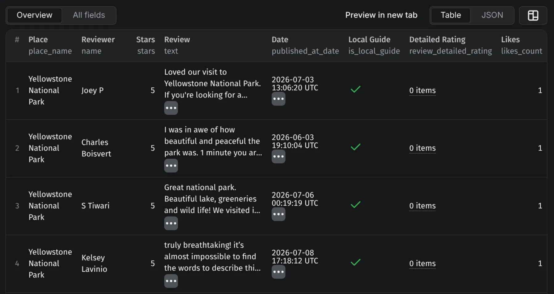 Apify dataset preview showing scraped Google Maps reviews with reviewer, stars, review text, date, Local Guide status and likes