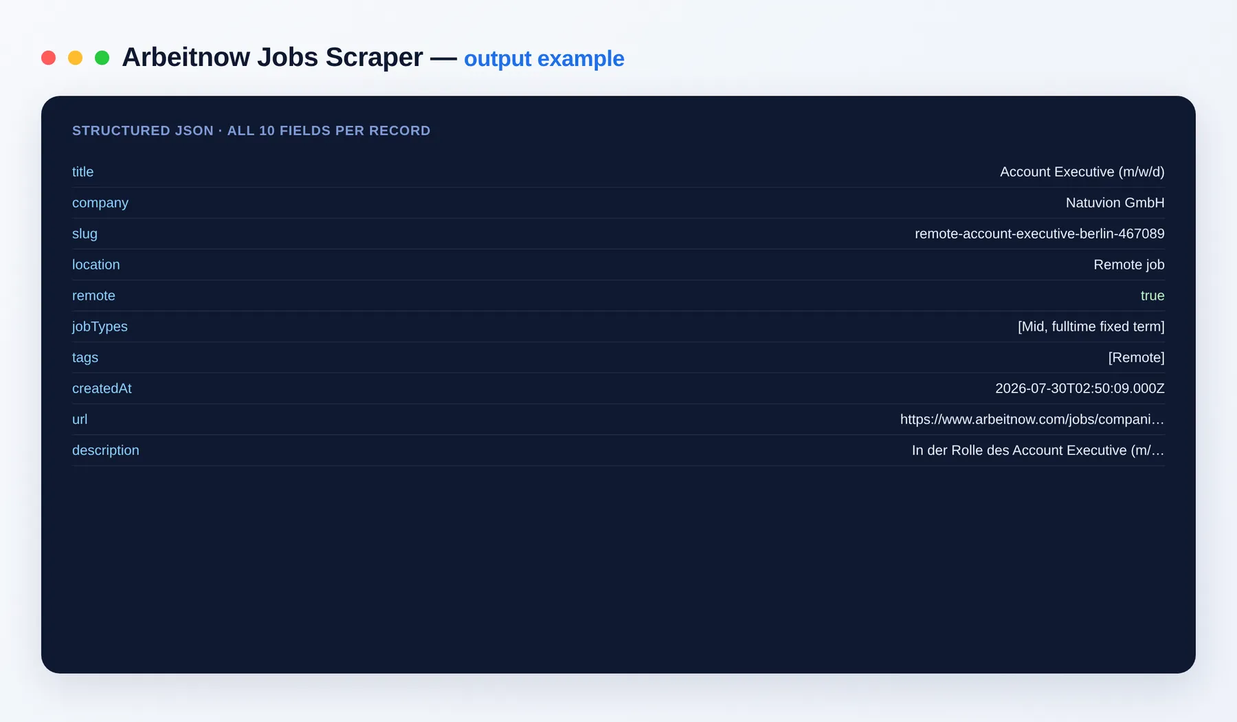 Arbeitnow Jobs Scraper output example — job listings as structured JSON