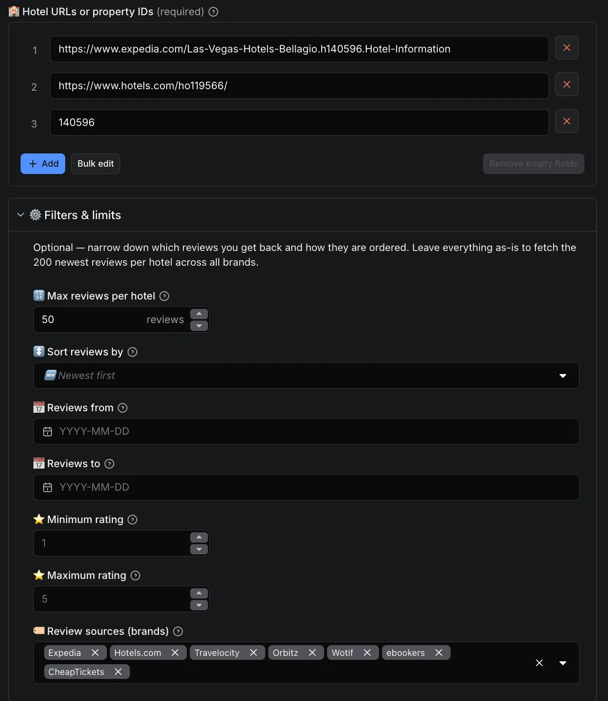 Input tab - hotel URLs plus filters & limits