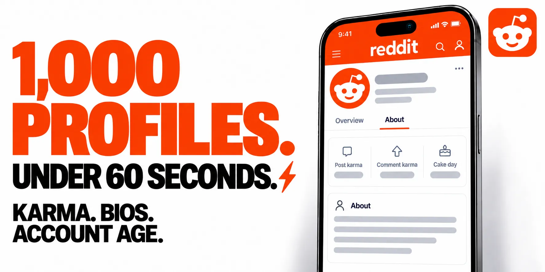 1,000 PROFILES. UNDER 60 SECONDS. KARMA. BIOS. ACCOUNT AGE.