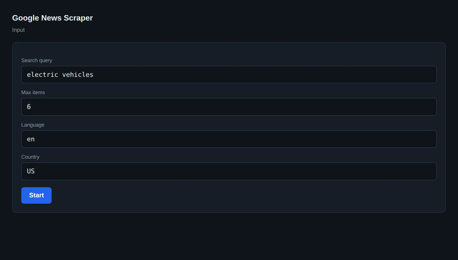 Input form: query, max items, language, country
