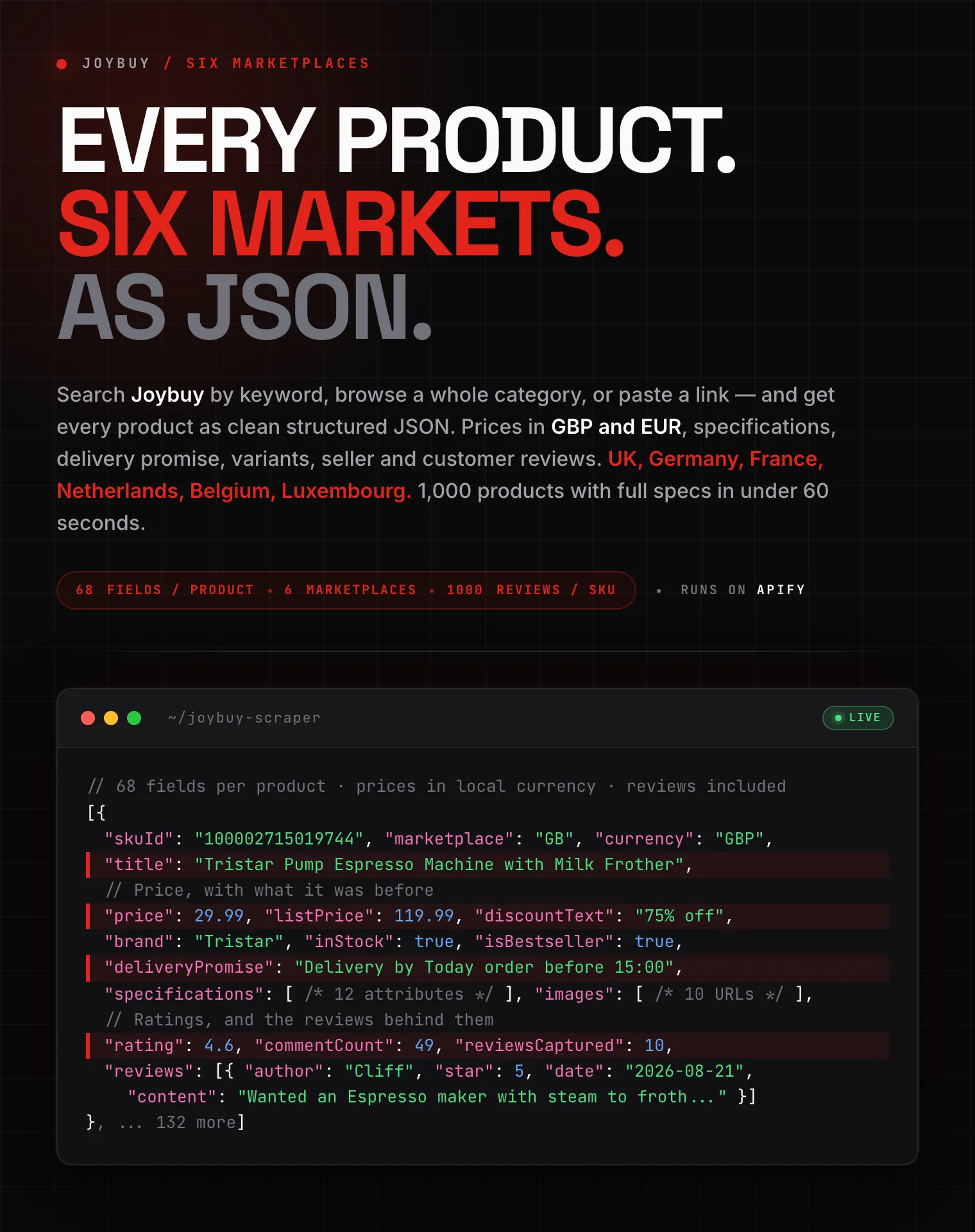 Joybuy scraper output: product title, price and list price in GBP, brand, category path, delivery promise, specifications and customer reviews as structured JSON