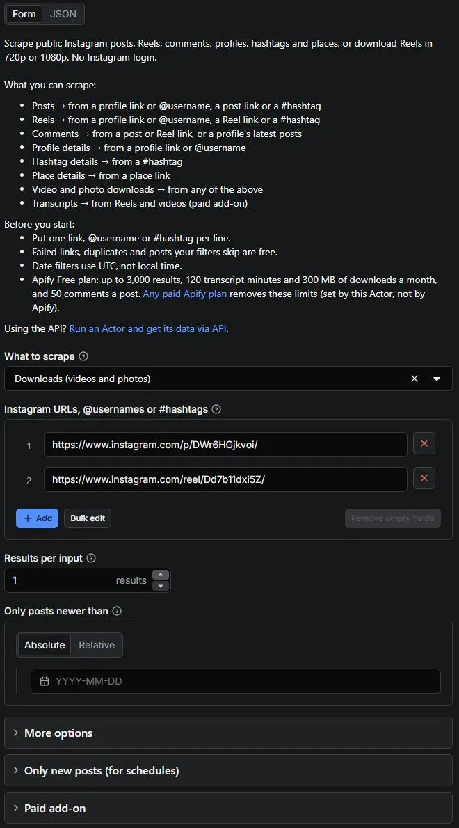 Instagram Scraper input: Instagram links, @usernames or #hashtags, what to scrape and results per input