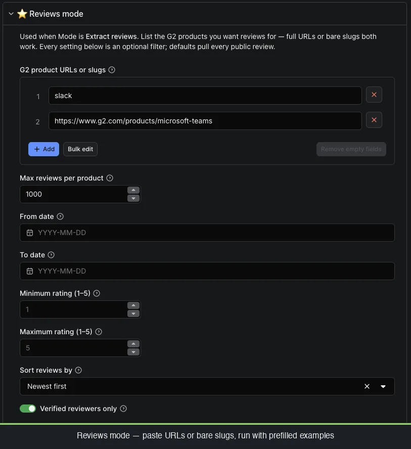 G2 reviews scraper input form on Apify Console showing Reviews mode with Slack and Microsoft Teams URLs prefilled for 1-click trial