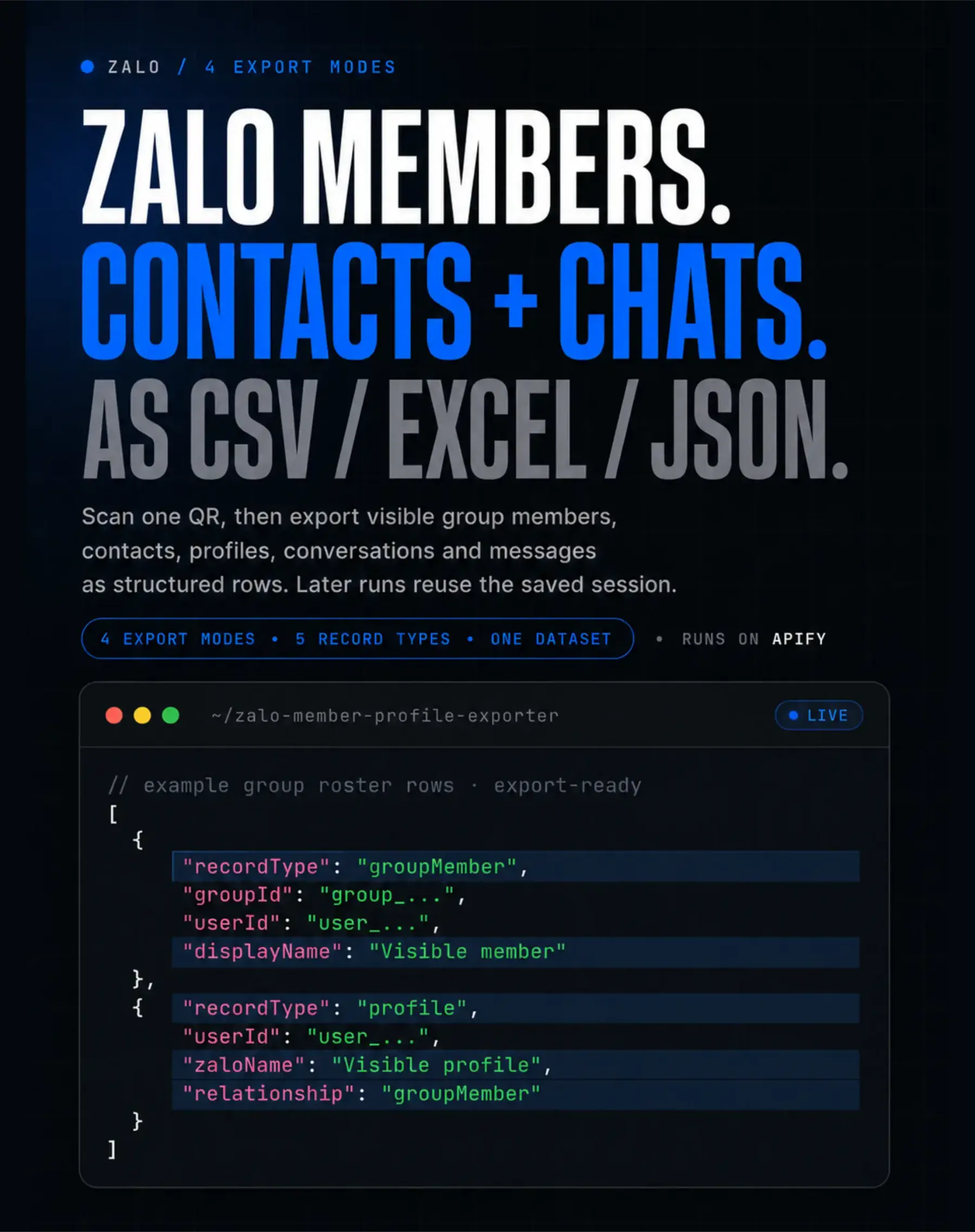 Zalo members, contacts and chats exported as CSV, Excel and JSON