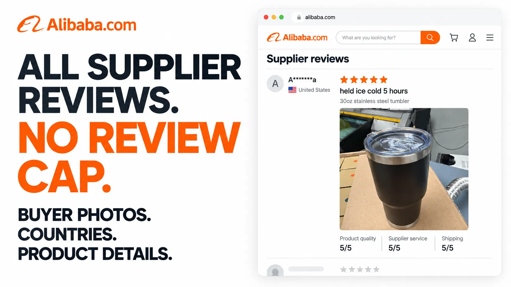 All supplier reviews. No review cap. Buyer photos. Countries. Product details.