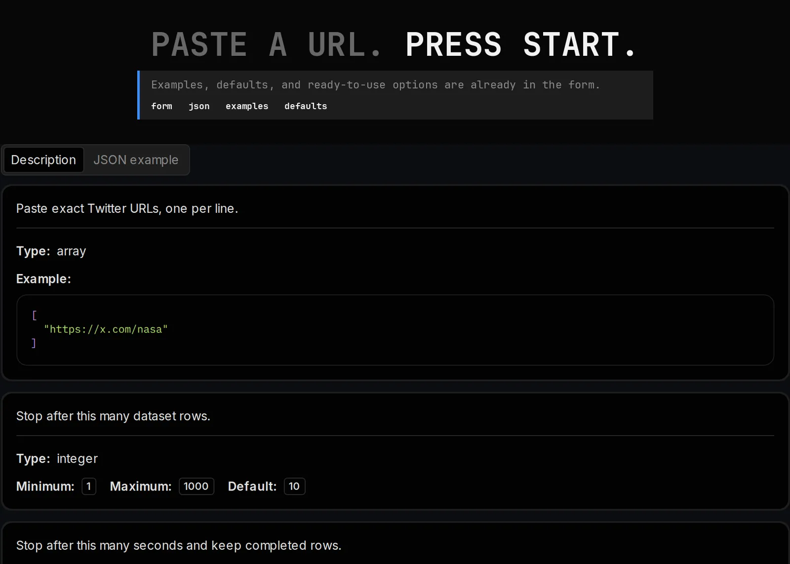 Twitter Follower Scraper published input controls