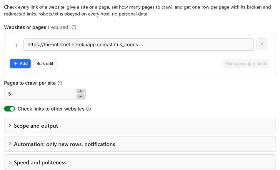 Input form of Broken Link Checker – Find 404s and Dead Links API