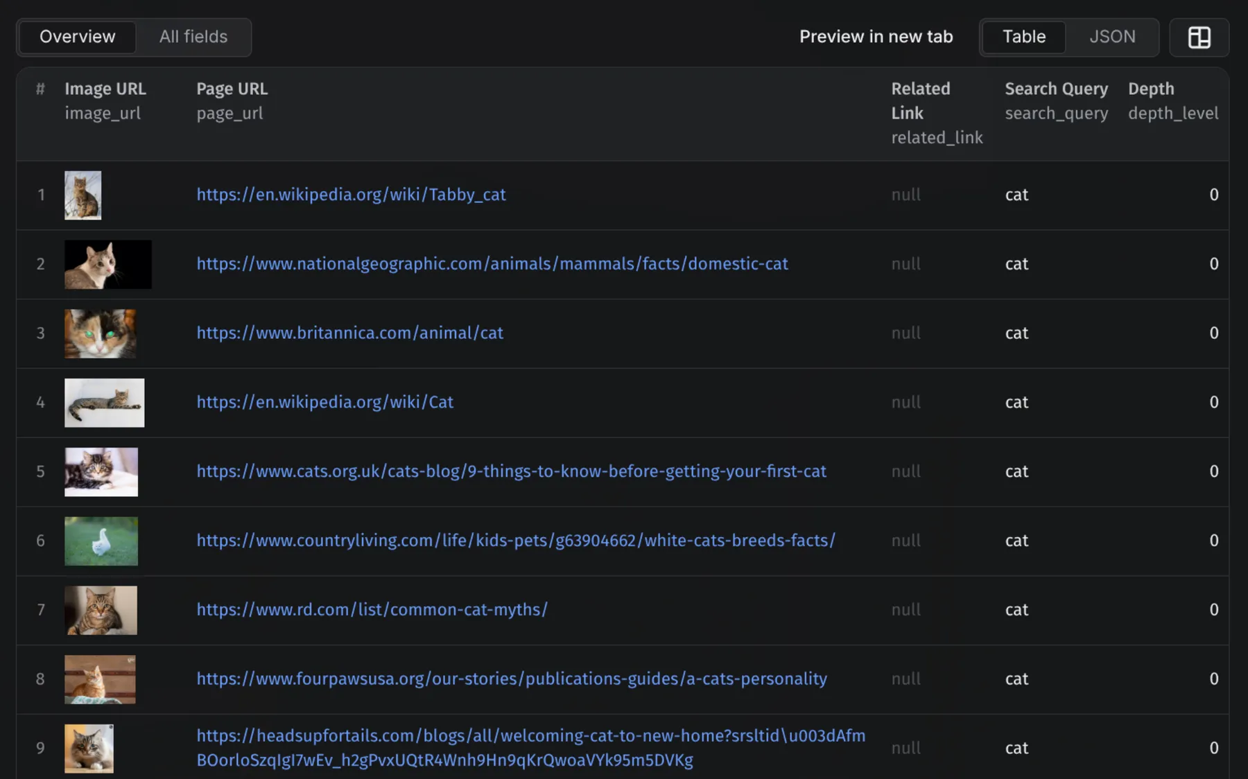 Google Image Search API alternative — example output dataset with full-size image URLs, dimensions, and source pages