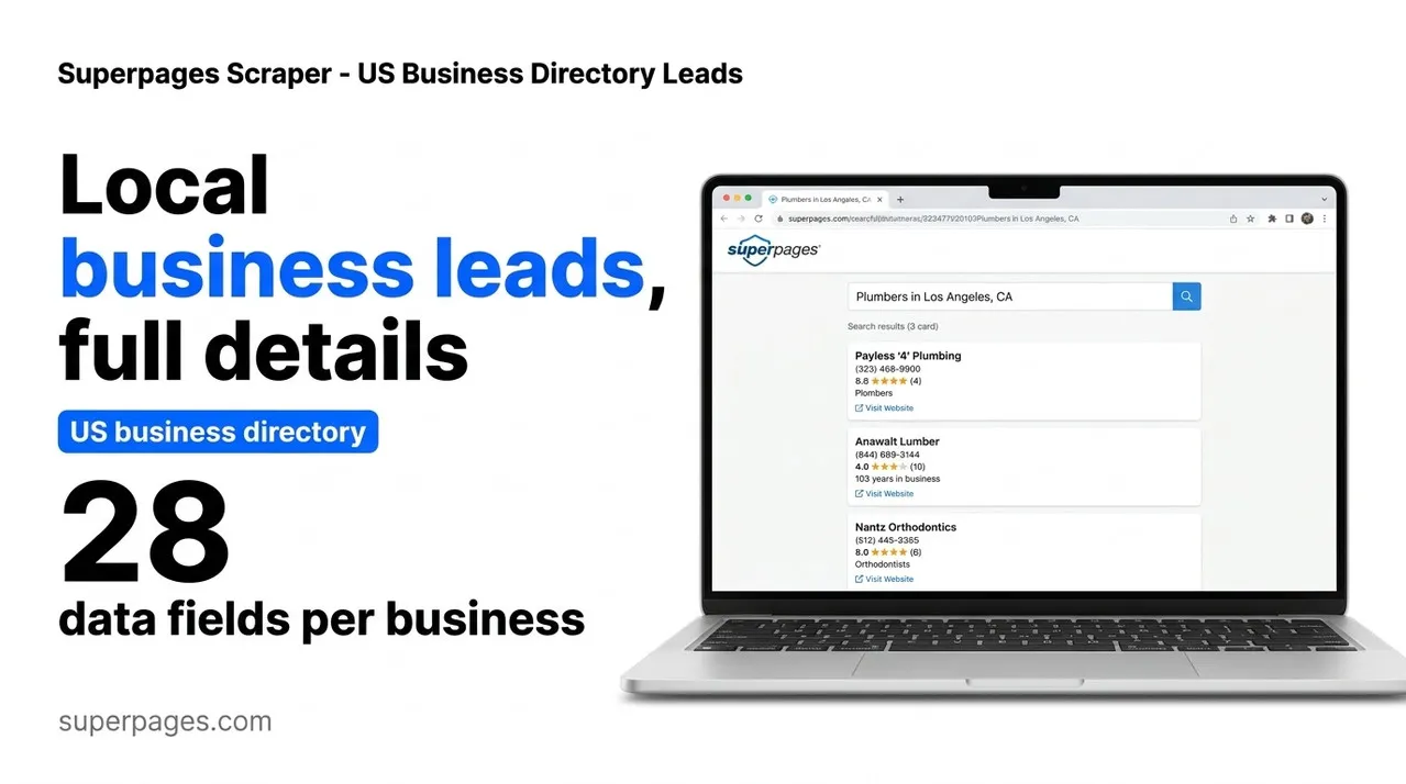 Superpages Business Directory Scraper cover - US business leads with 28 data fields per business