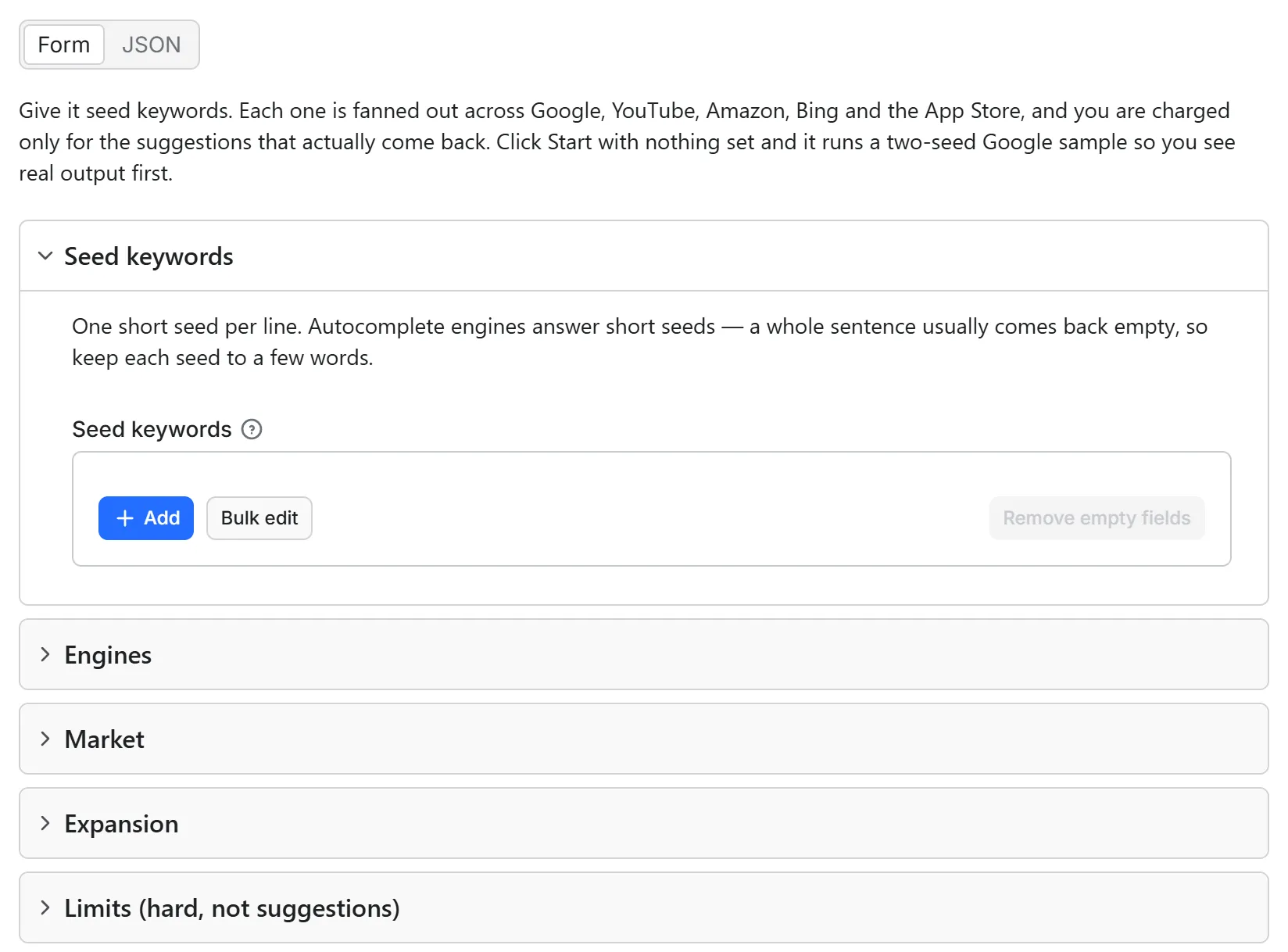 Google Autocomplete & Keyword Suggest Scraper input form in the Apify console: the seed keyword list with the engines, market, expansion and limits sections below it