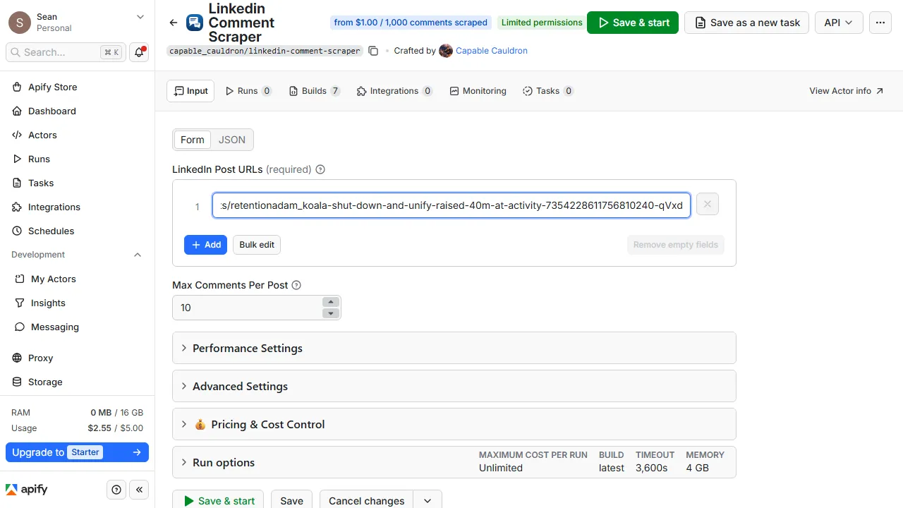 linkedin comment scraper input form
