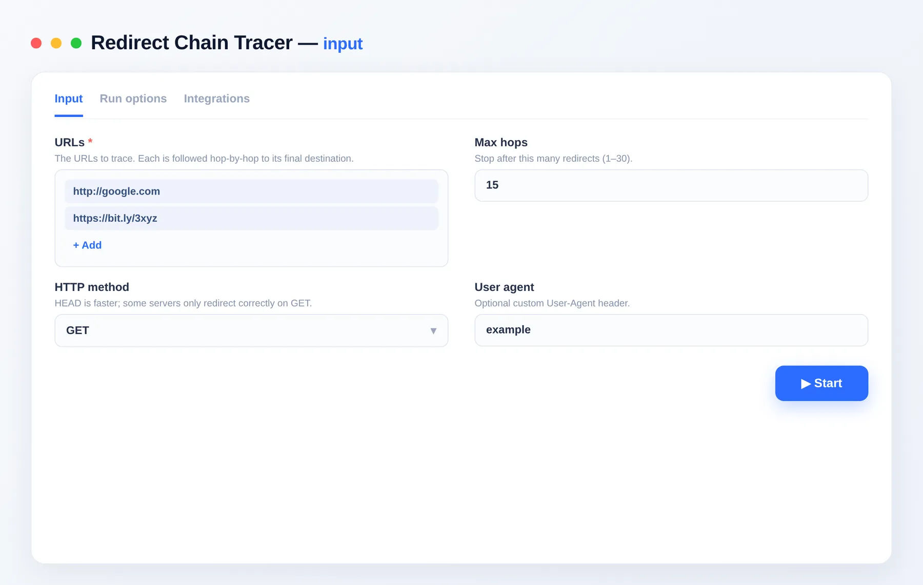 Redirect Chain Tracer input — configure the options in the Apify Console