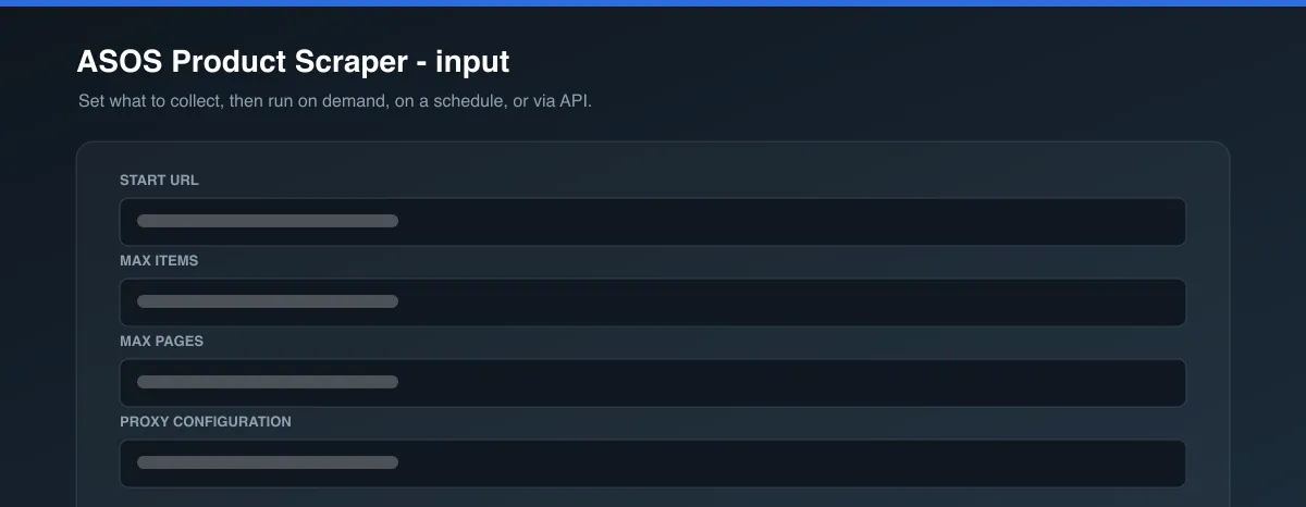 ASOS Product Scraper input options