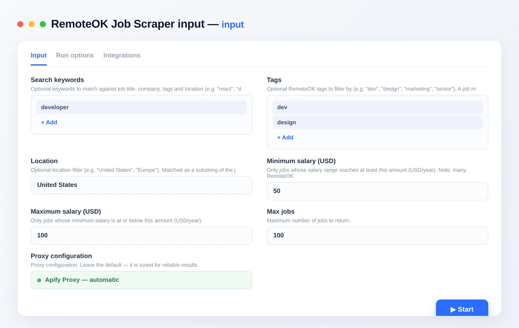 RemoteOK Job Scraper input — search queries, tags and salary filters in the Apify Console