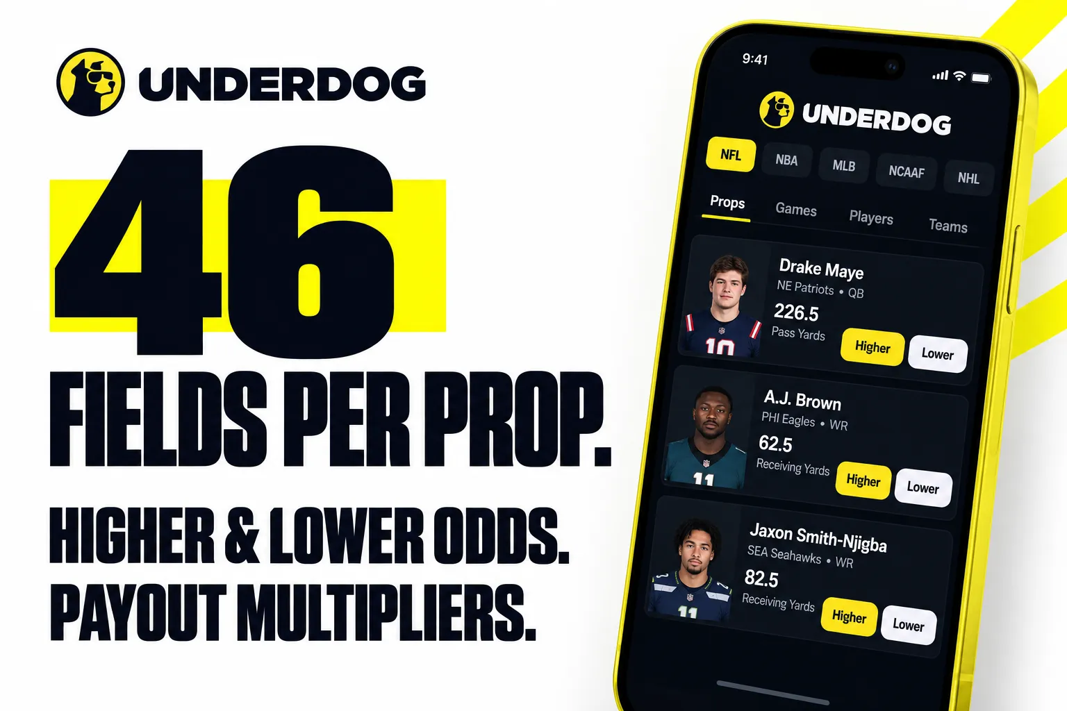 Underdog. 46 fields per prop. Higher & lower odds. Payout multipliers.