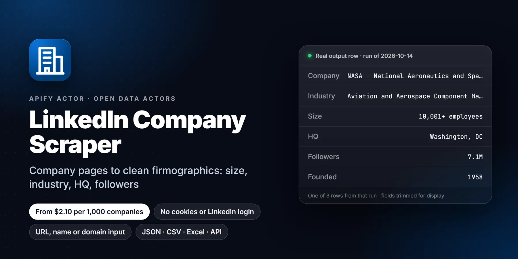 LinkedIn Company Scraper: features, price and a real output row