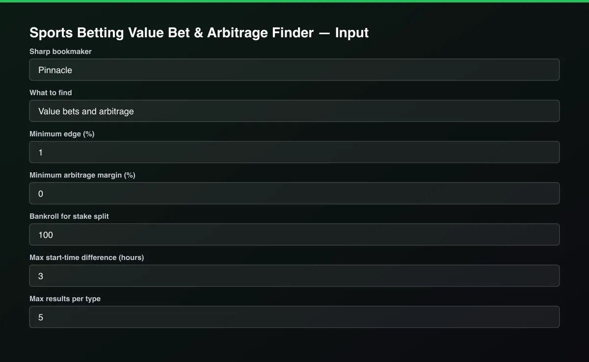 Sports Betting Value Bet & Arbitrage Finder input form