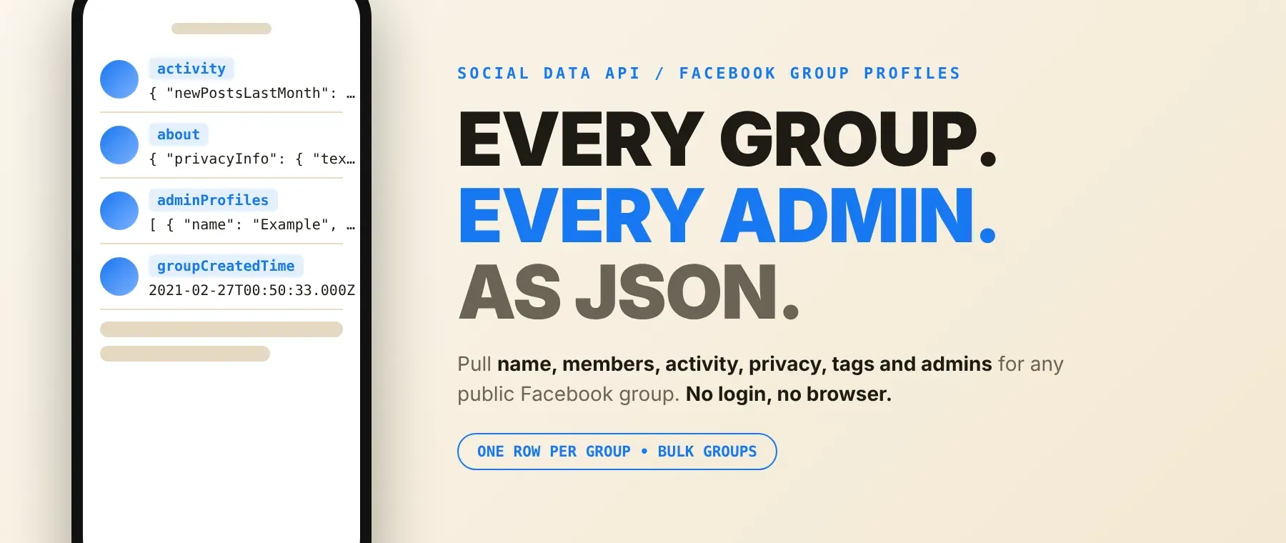 Facebook Group Profile Scraper output: group name, members, admins, privacy and topic tags as JSON