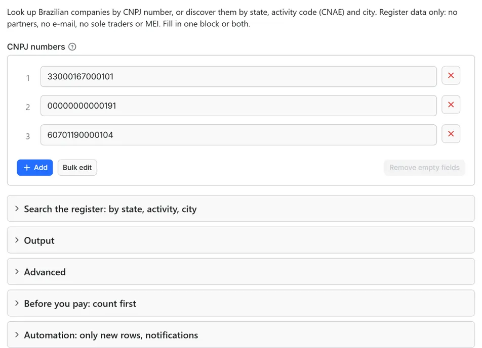 Input form of Brazil CNPJ Companies Scraper: Receita Federal Register Data