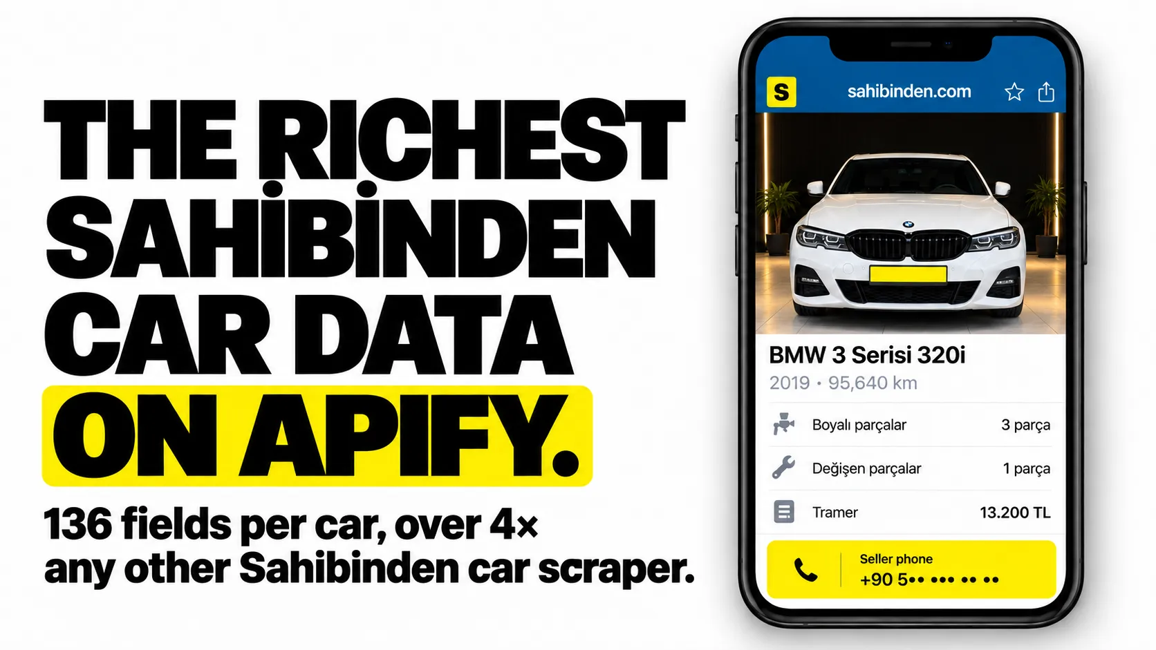 The richest Sahibinden car data on Apify: 136 fields per car, including painted and replaced parts, tramer and seller phone