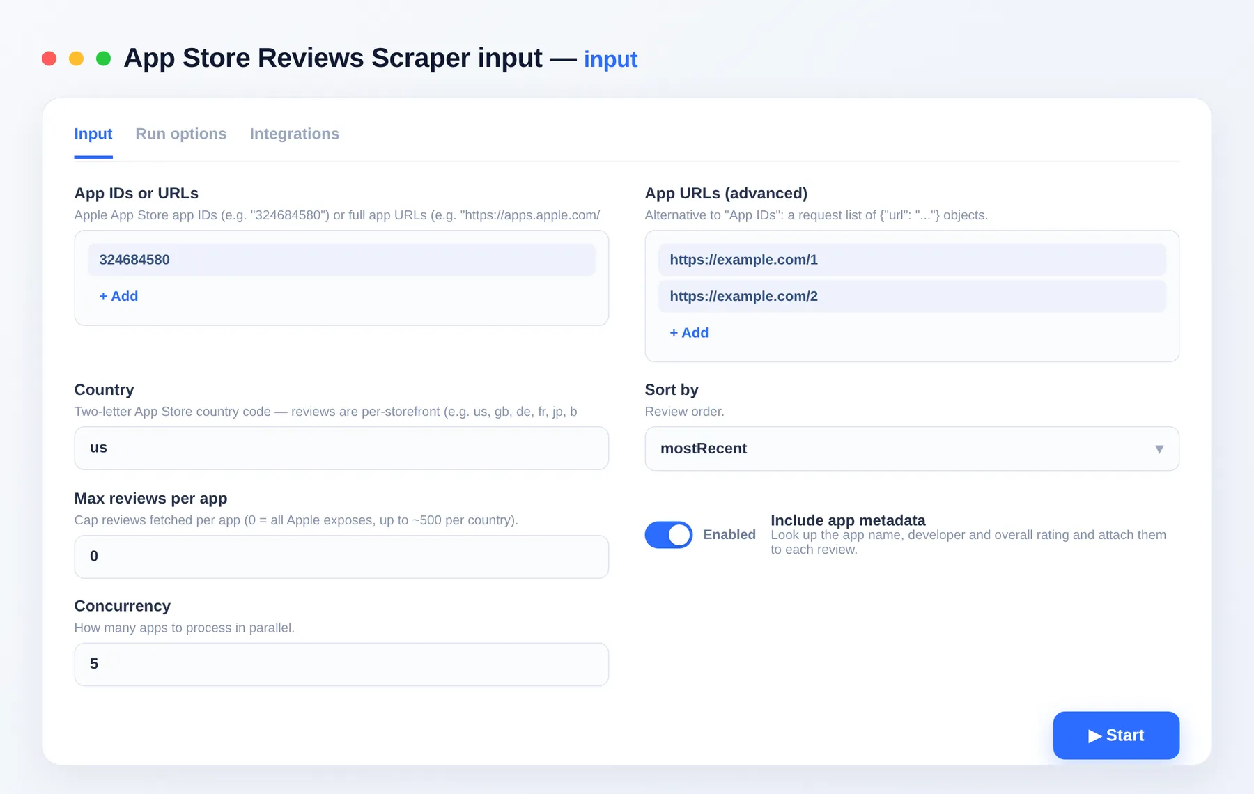 App Store Reviews Scraper input — app IDs, country and sort order in the Apify Console