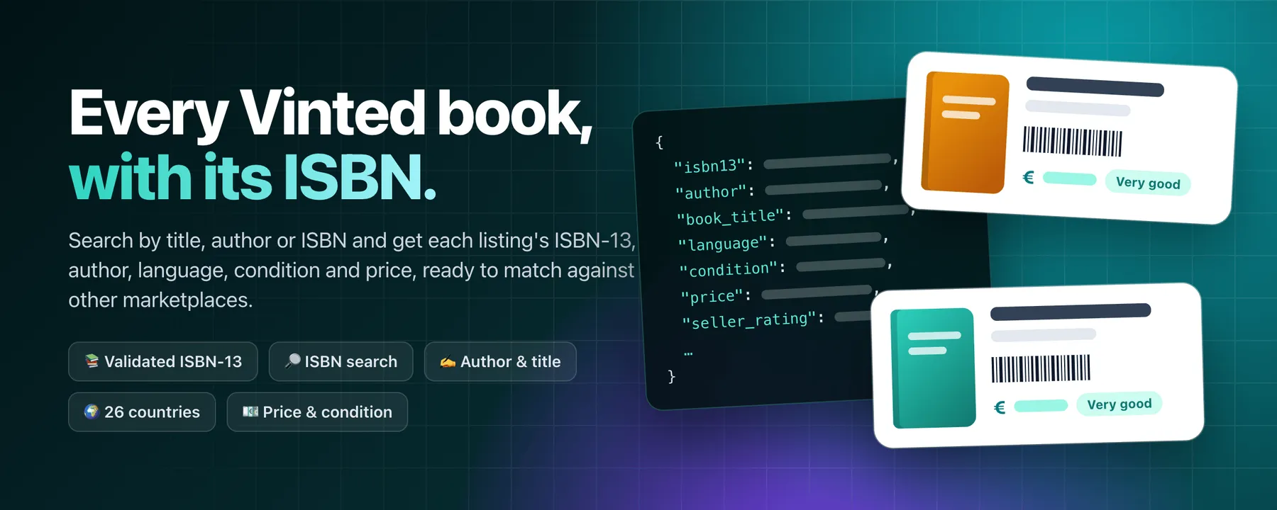 Every Vinted book with its ISBN: search by title, author or ISBN in 26 countries and get each listing's validated ISBN-13, author, language, condition and price
