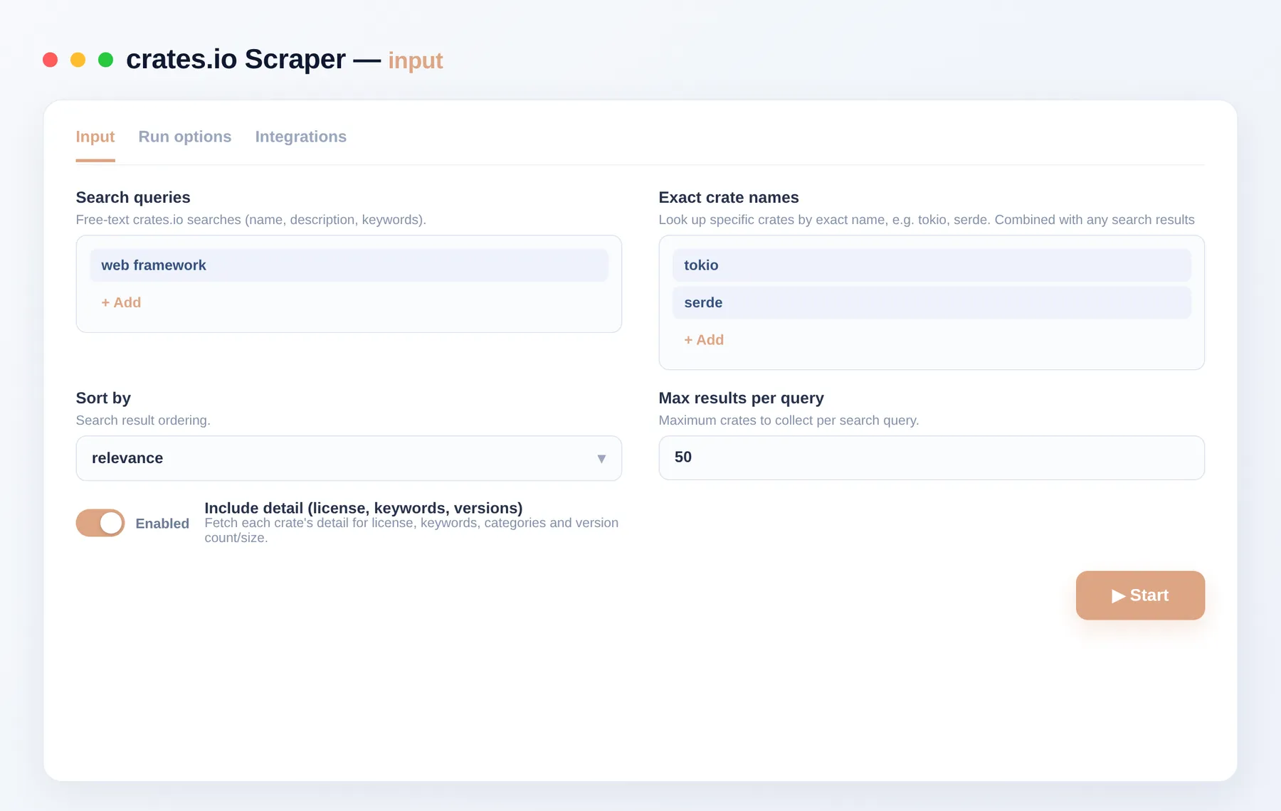 crates.io Scraper input — search queries, exact crate names and sort order in the Apify Console