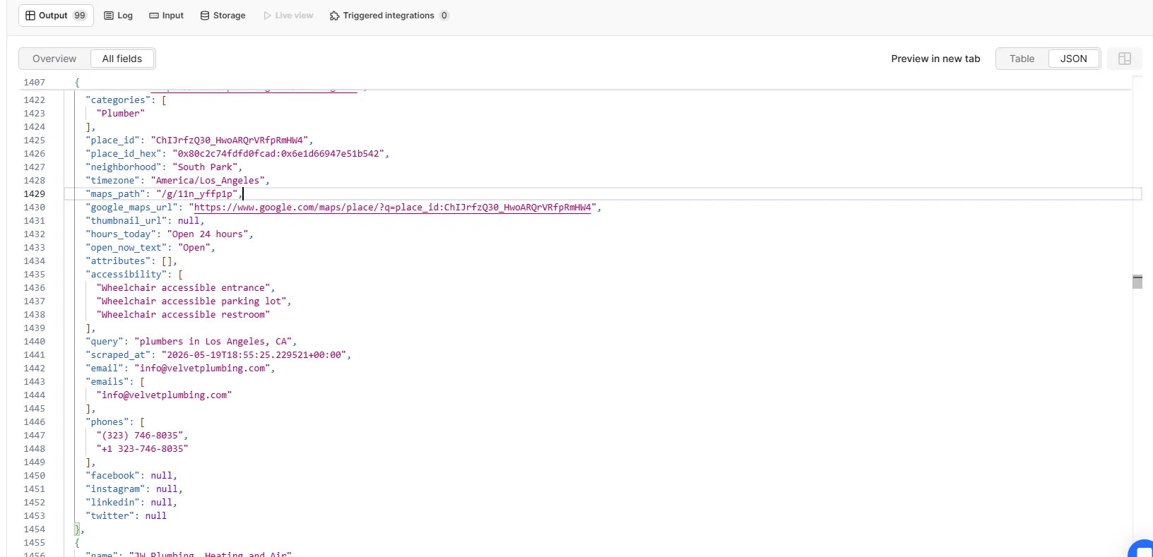 JSON output example — complete contact record with primary email, all emails, social media links, address, rating, coordinates and business hours